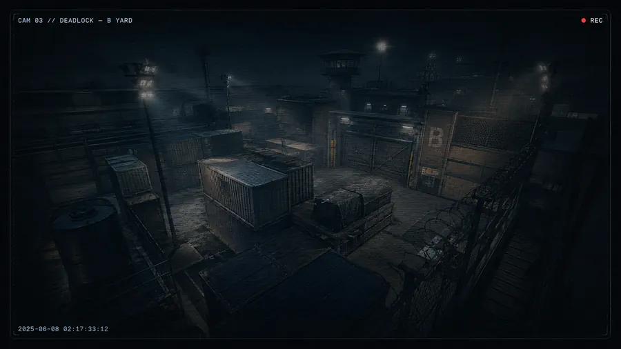 Security-cam capture — Deadlock, B yard